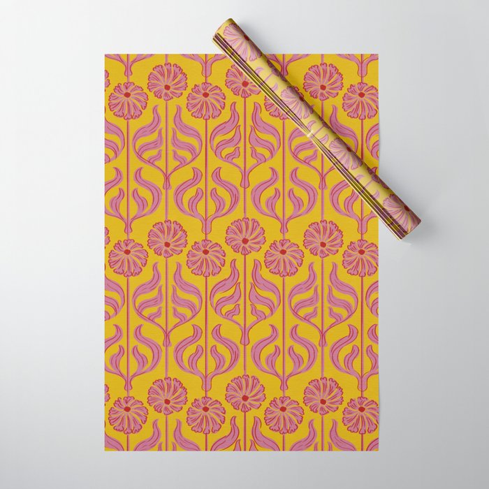 Art Deco Chic: Pink Flowers on Mustard Yellow Wrapping Paper Gallery Image 1