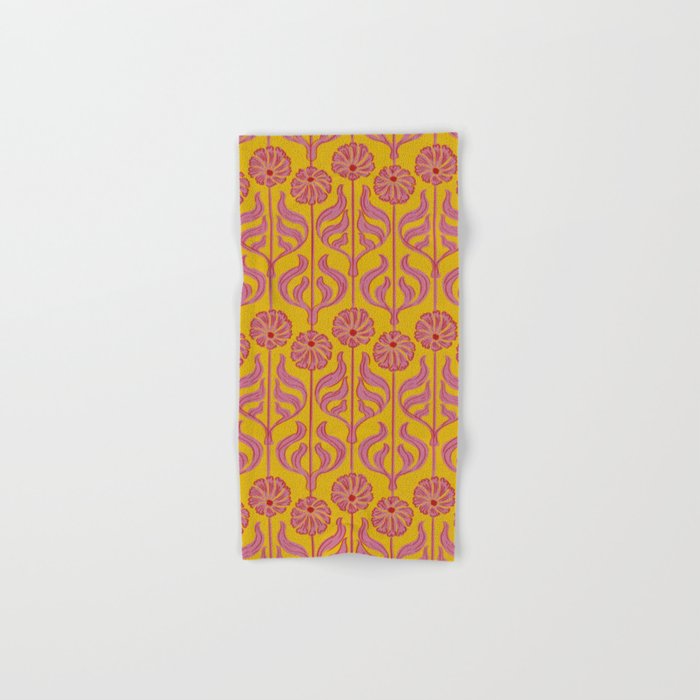 Art Deco Chic: Pink Flowers on Mustard Yellow Bath Towel Gallery Image 1