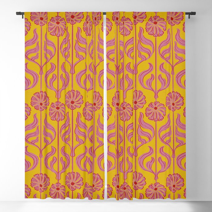 Art Deco Chic: Pink Flowers on Mustard Yellow Window Curtain Gallery Image 1