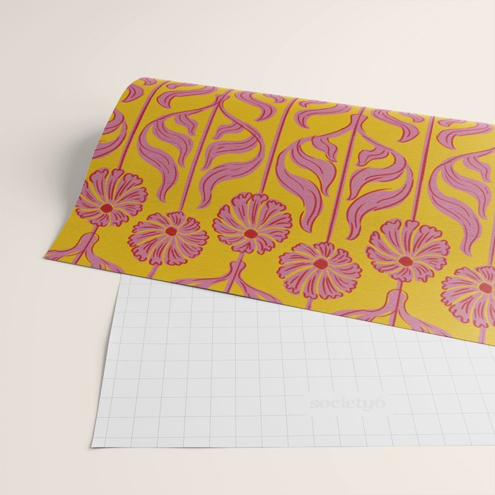 Art Deco Chic: Pink Flowers on Mustard Yellow Wrapping Paper Gallery Image 2
