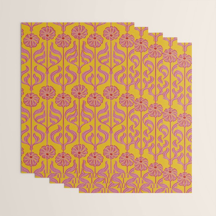Art Deco Chic: Pink Flowers on Mustard Yellow Wrapping Paper Gallery Image 3