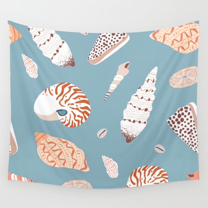Vintage sea shell flat illustration pattern Wall Tapestry Gallery Image 1