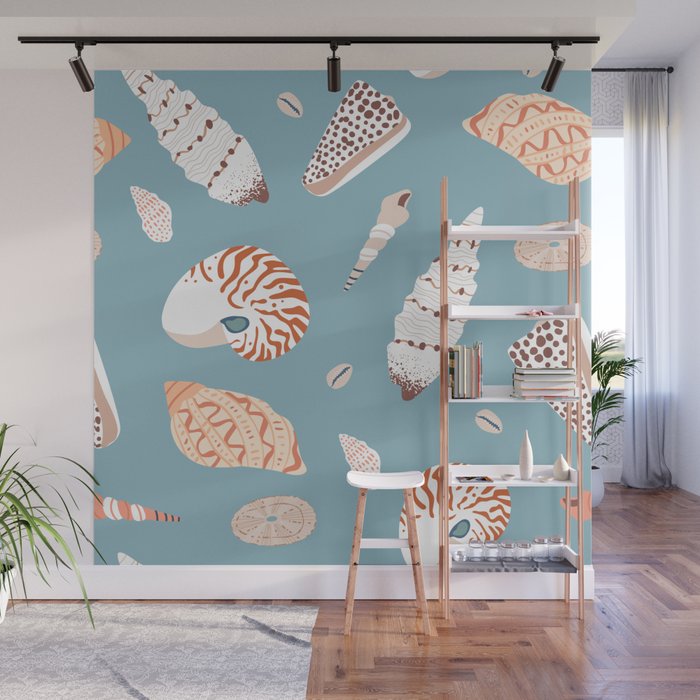 Vintage sea shell flat illustration pattern Wall Mural Gallery Image 1