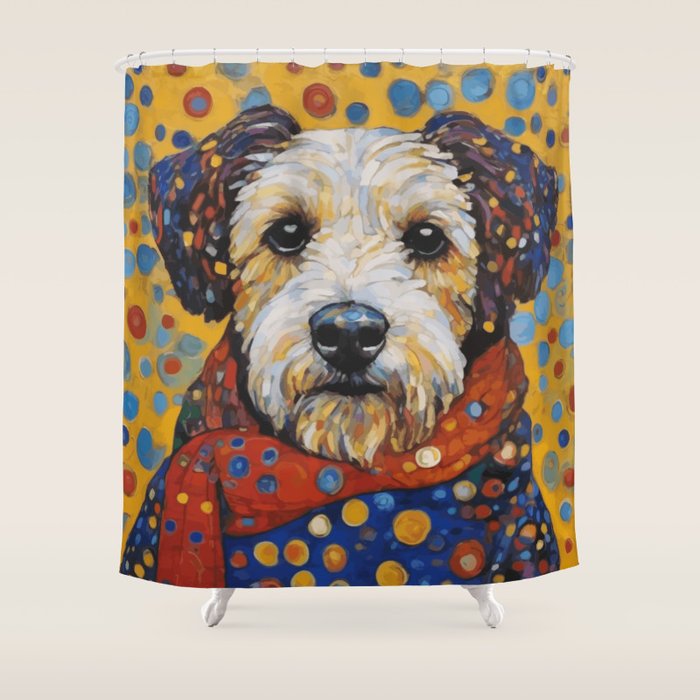 Gustav Klimt Style Dog with Colorful Scarf and Confetti Ears Shower Curtain Gallery Image 1
