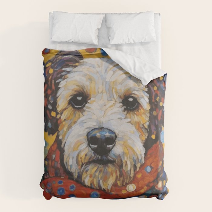 Gustav Klimt Style Dog with Colorful Scarf and Confetti Ears Duvet Cover Gallery Image 6