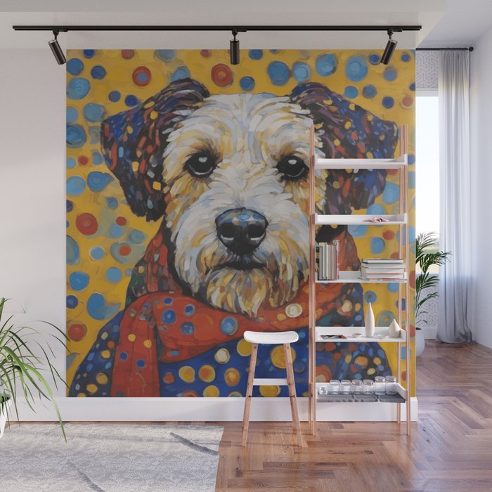 Gustav Klimt Style Dog with Colorful Scarf and Confetti Ears Wall Mural Gallery Image 1