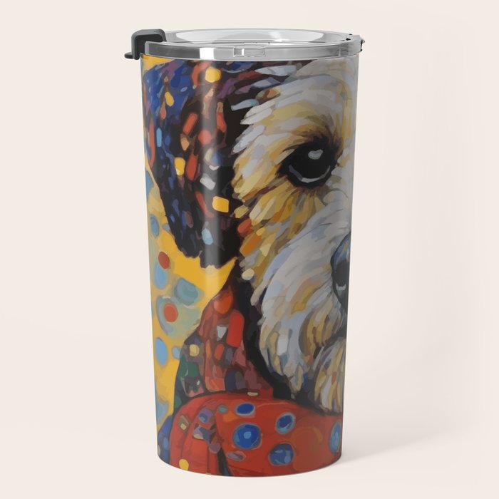 Gustav Klimt Style Dog with Colorful Scarf and Confetti Ears Travel Mug Gallery Image 3