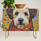 Gustav Klimt Style Dog with Colorful Scarf and Confetti Ears Credenza Gallery Image 1