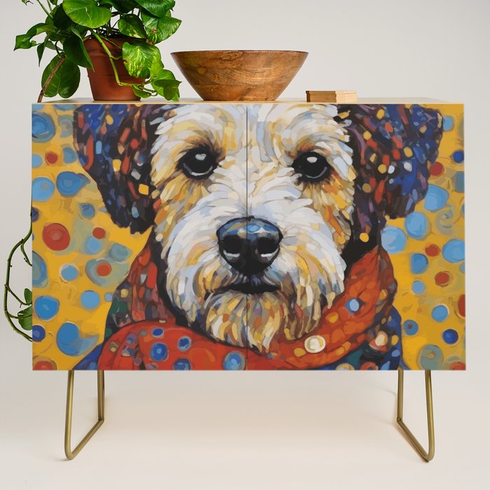 Gustav Klimt Style Dog with Colorful Scarf and Confetti Ears Credenza Gallery Image 1