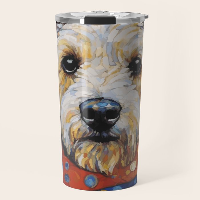 Gustav Klimt Style Dog with Colorful Scarf and Confetti Ears Travel Mug Gallery Image 1