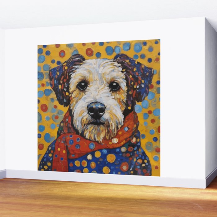 Gustav Klimt Style Dog with Colorful Scarf and Confetti Ears Wall Mural Gallery Image 2