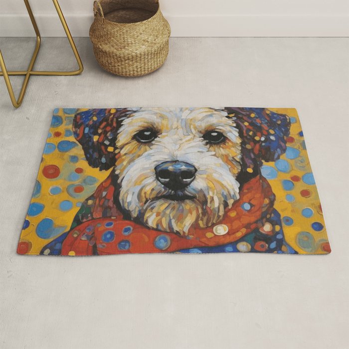 Gustav Klimt Style Dog with Colorful Scarf and Confetti Ears Rug Gallery Image 1