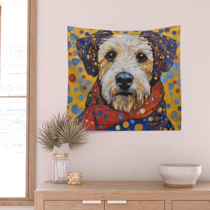 Gustav Klimt Style Dog with Colorful Scarf and Confetti Ears Wall Tapestry Gallery Image 2