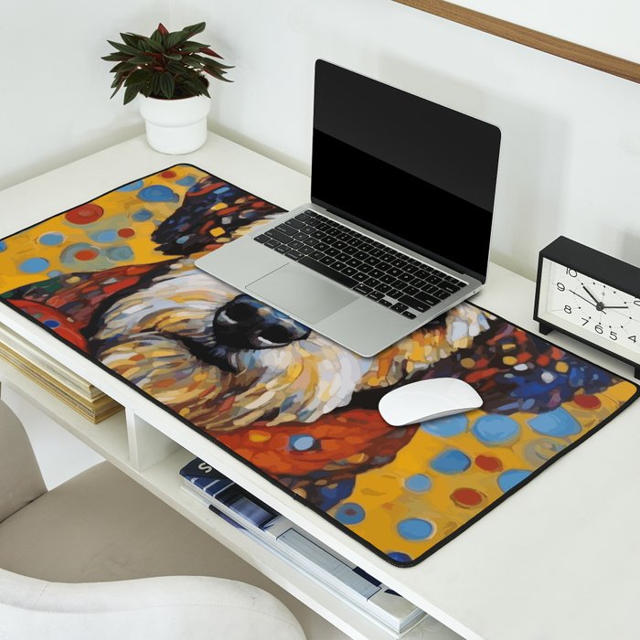 Gustav Klimt Style Dog with Colorful Scarf and Confetti Ears Desk Mat Gallery Image 2