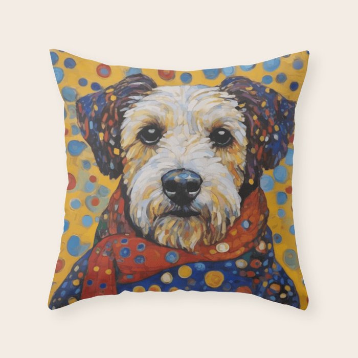 Gustav Klimt Style Dog with Colorful Scarf and Confetti Ears Throw Pillow Gallery Image 6