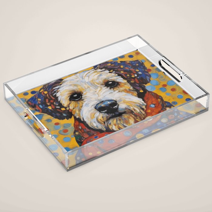 Gustav Klimt Style Dog with Colorful Scarf and Confetti Ears Acrylic Tray Gallery Image 1