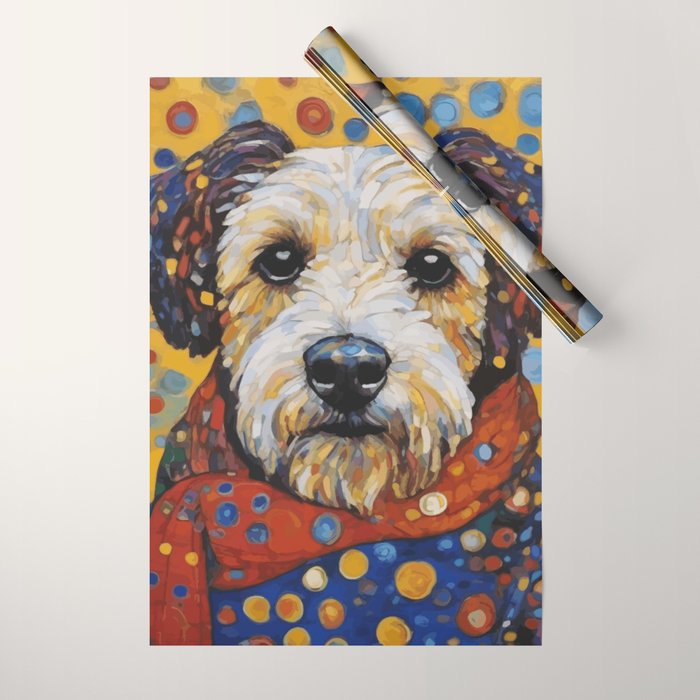 Gustav Klimt Style Dog with Colorful Scarf and Confetti Ears Wrapping Paper Gallery Image 1