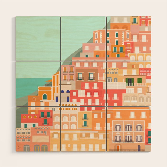 View over the Amalfi Coast, Positano, Italy Wood Wall Art Gallery Image 1