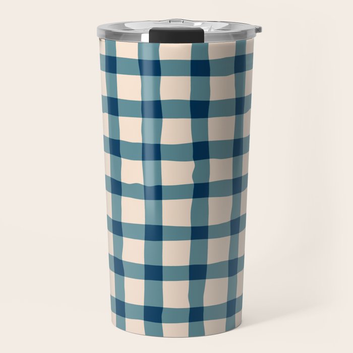 Organic Gingham Blue Travel Mug Gallery Image 1