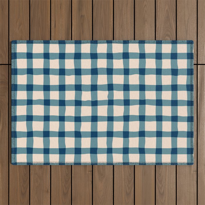 Organic Gingham Blue Outdoor Rug Gallery Image 1