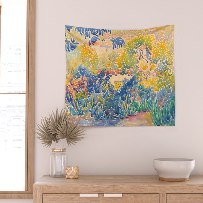 Henri-Edmond Cross Neo-Impressionism Pointillism The Artist's Garden at St. Clair Watercolor Paintin Wall Tapestry Gallery Image 2