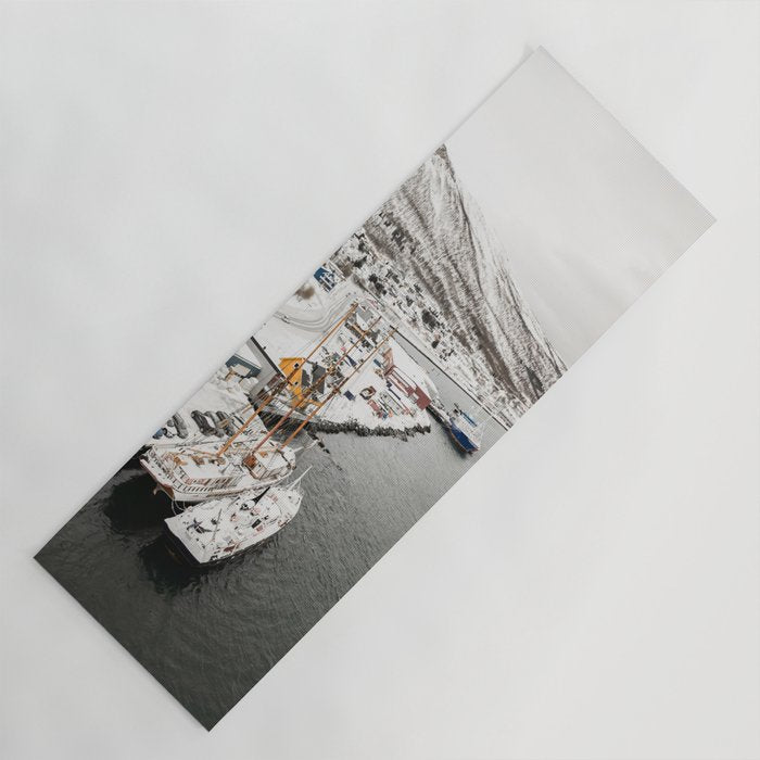 Harbor In Norway Snow Photo | Winter In Norway Boats And Mountains Art Print | Travel Photography Yoga Mat Gallery Image 1
