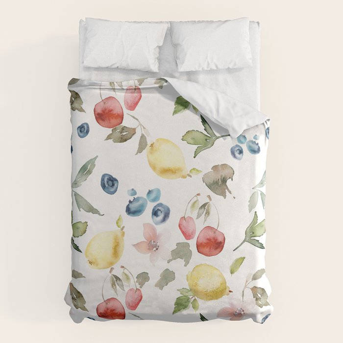 Lemon Berries and Cherries Watercolor Pattern Duvet Cover Gallery Image 6