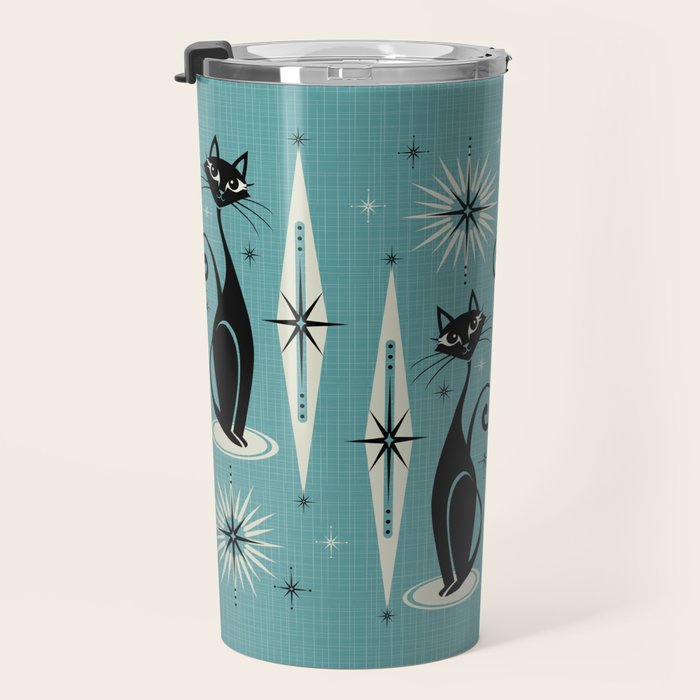 Mid Century Meow Retro Atomic Cats on Blue Travel Mug Gallery Image 3