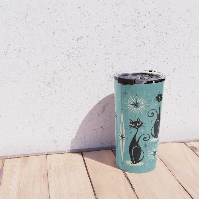 Mid Century Meow Retro Atomic Cats on Blue Travel Mug Gallery Image 4