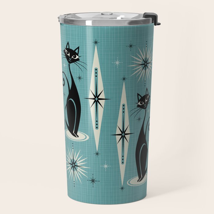 Mid Century Meow Retro Atomic Cats on Blue Travel Mug Gallery Image 2