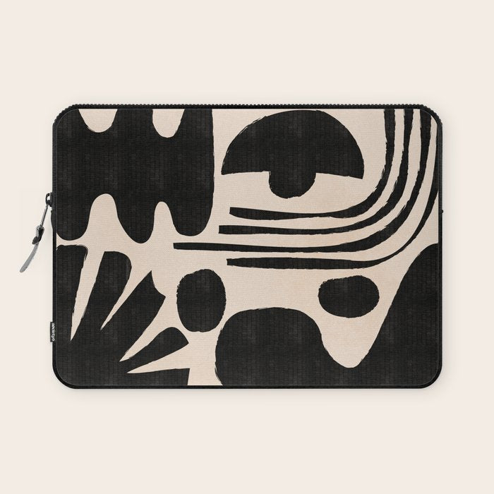 Abstract Mid-Century Modern Black and Beige Composition Laptop Sleeve Gallery Image 1