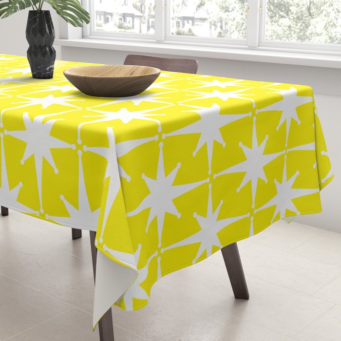 Mid Century Modern Atomic Age Starburst Pattern Yellow and White Tablecloth Gallery Image 3