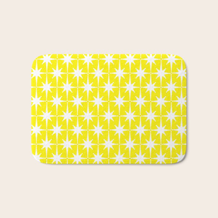 Mid Century Modern Atomic Age Starburst Pattern Yellow and White Bath Mat Gallery Image 1