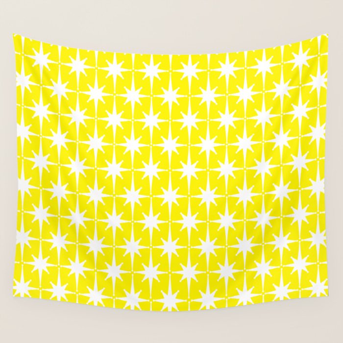 Mid Century Modern Atomic Age Starburst Pattern Yellow and White Wall Tapestry Gallery Image 4