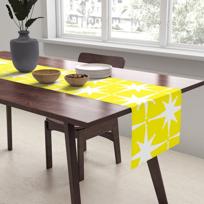Mid Century Modern Atomic Age Starburst Pattern Yellow and White Table Runner Gallery Image 2