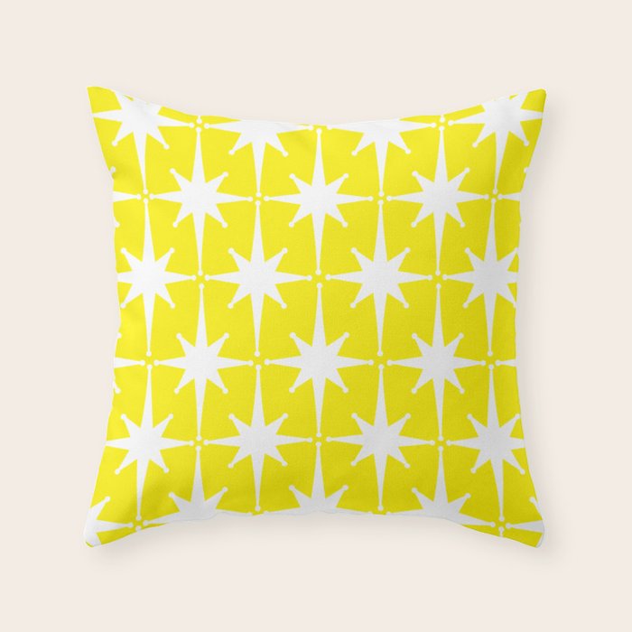 Mid Century Modern Atomic Age Starburst Pattern Yellow and White Throw Pillow Gallery Image 6
