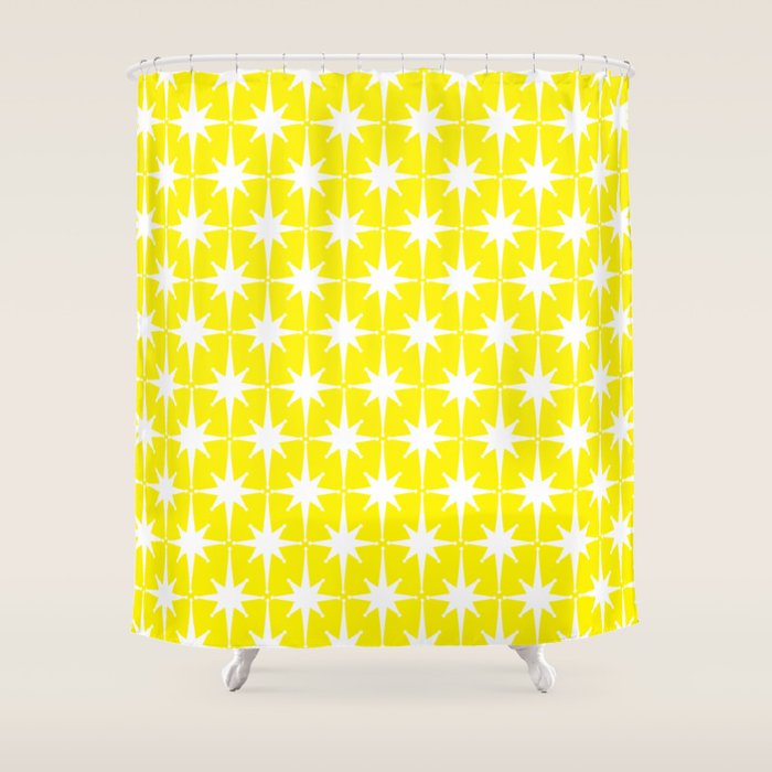 Mid Century Modern Atomic Age Starburst Pattern Yellow and White Shower Curtain Gallery Image 1