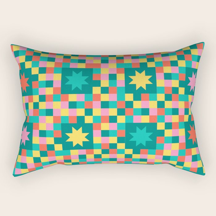 Colorful Quilt Plaid geometric pattern teal and pink Rectangular Pillow Gallery Image 2