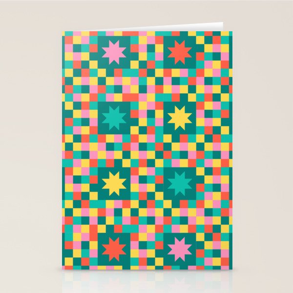 Colorful Quilt Plaid geometric pattern teal and pink Stationery Card Gallery Image 1
