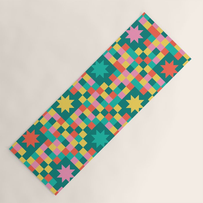 Colorful Quilt Plaid geometric pattern teal and pink Yoga Mat Gallery Image 1