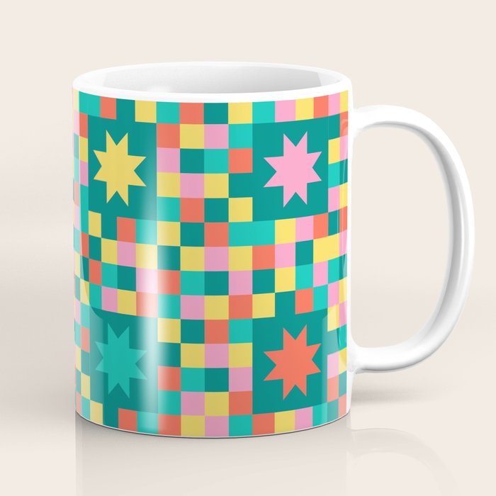 Colorful Quilt Plaid geometric pattern teal and pink Coffee Mug Gallery Image 1