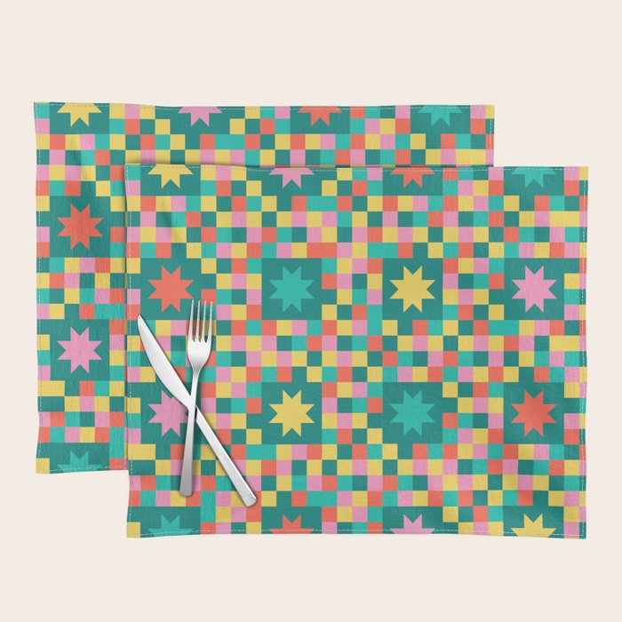Colorful Quilt Plaid geometric pattern teal and pink Placemat Gallery Image 1