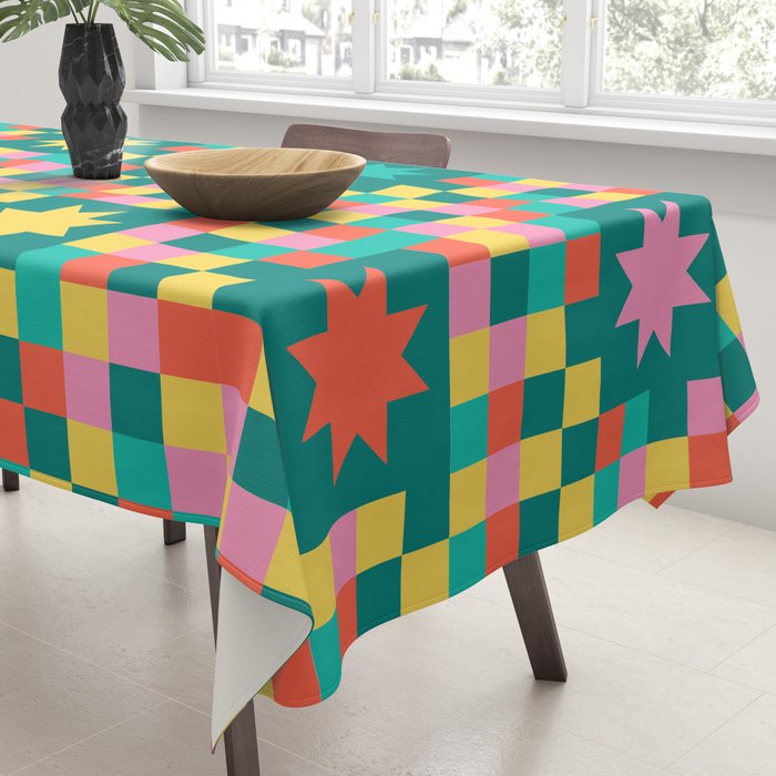 Colorful Quilt Plaid geometric pattern teal and pink Tablecloth Gallery Image 3