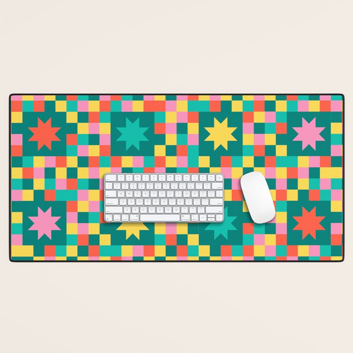 Colorful Quilt Plaid geometric pattern teal and pink Desk Mat Gallery Image 1