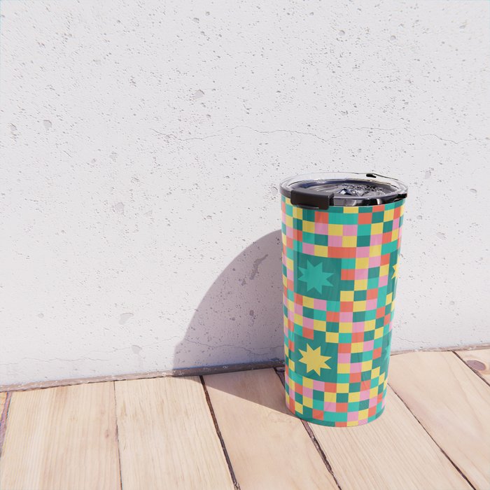 Colorful Quilt Plaid geometric pattern teal and pink Travel Mug Gallery Image 4