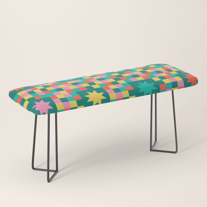 Colorful Quilt Plaid geometric pattern teal and pink Bench Gallery Image 1