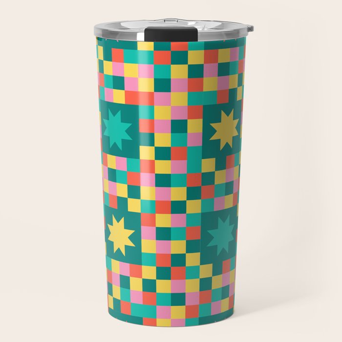 Colorful Quilt Plaid geometric pattern teal and pink Travel Mug Gallery Image 1