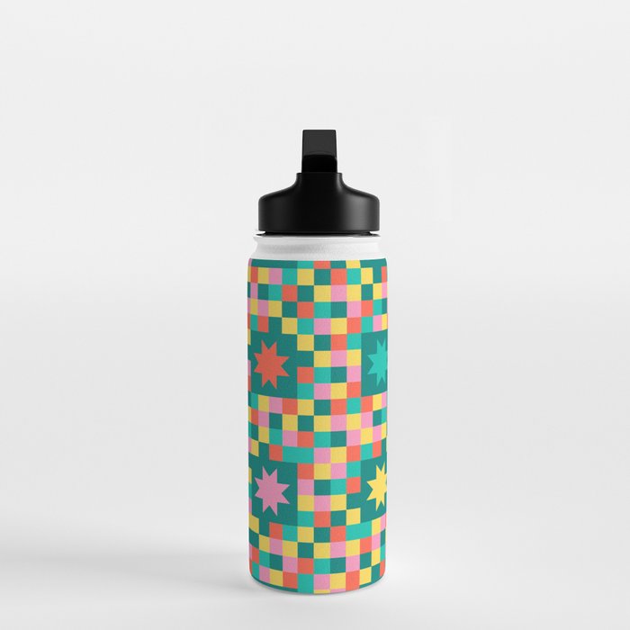 Colorful Quilt Plaid geometric pattern teal and pink Water Bottle Gallery Image 3