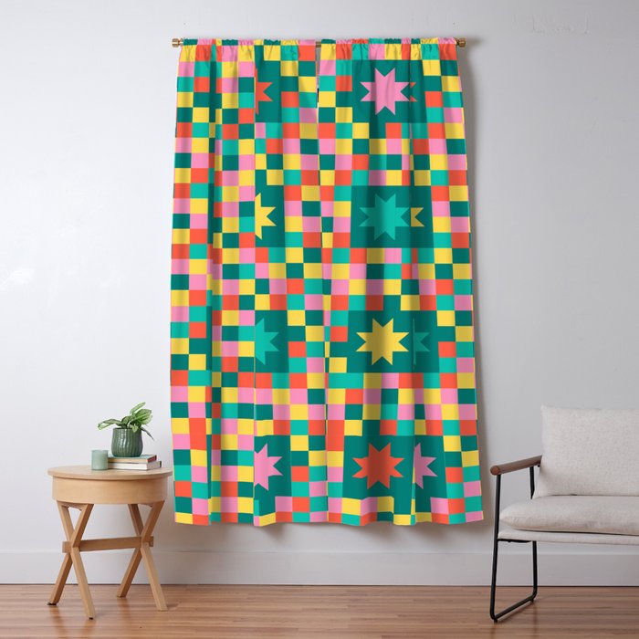 Colorful Quilt Plaid geometric pattern teal and pink Window Curtain Gallery Image 1