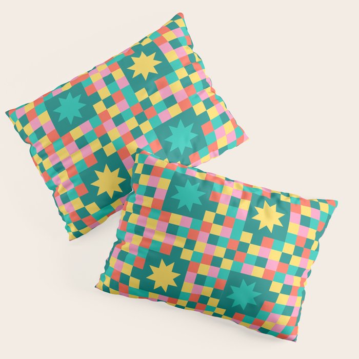 Colorful Quilt Plaid geometric pattern teal and pink Pillow Sham Gallery Image 1